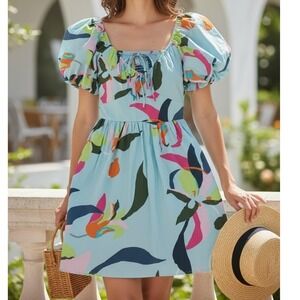 A New Day Womens Floral Puff Sleeve Mini Dress Blue Abstract Print Size S